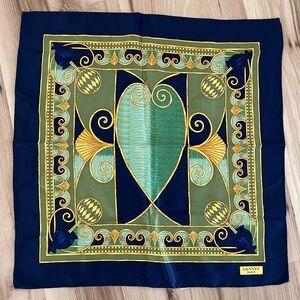 NEW Lanvin Paris Navy, Green & Gold Silk Scarf Central Heart Old Money 15x15